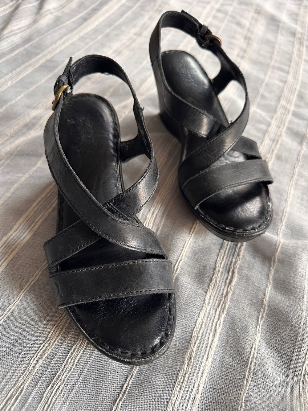 BORN Black Leather Slingback Wedge Sandals | 6